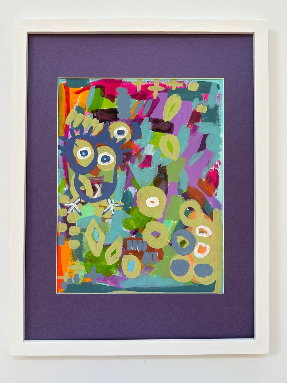 Hand Crafted Abstract Owl Painting in Purple, Green, Teal, Pink